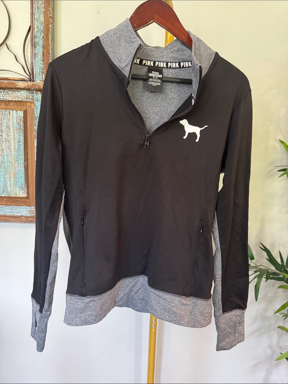 PINK Victoria's Secret Black Gray neon yellow quarter-Zip Pullover Logo & thumb